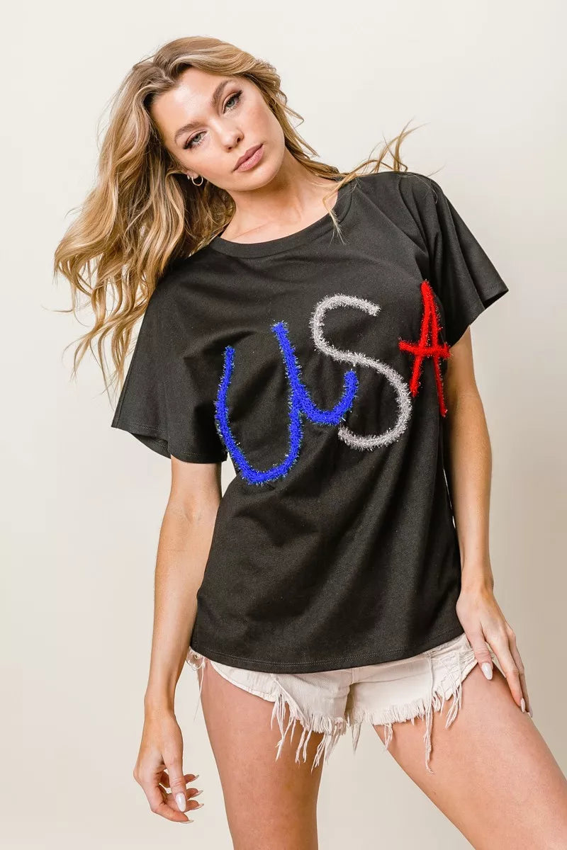 Patriotic Graphic Oversized Dolman Sleeve Top with Rhinestone Detail in Charcoal Gray