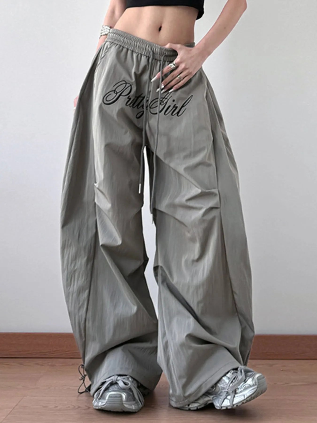 Oversized Drawstring Wide Leg Casual Pants with Pockets - 100% Polyester Comfort