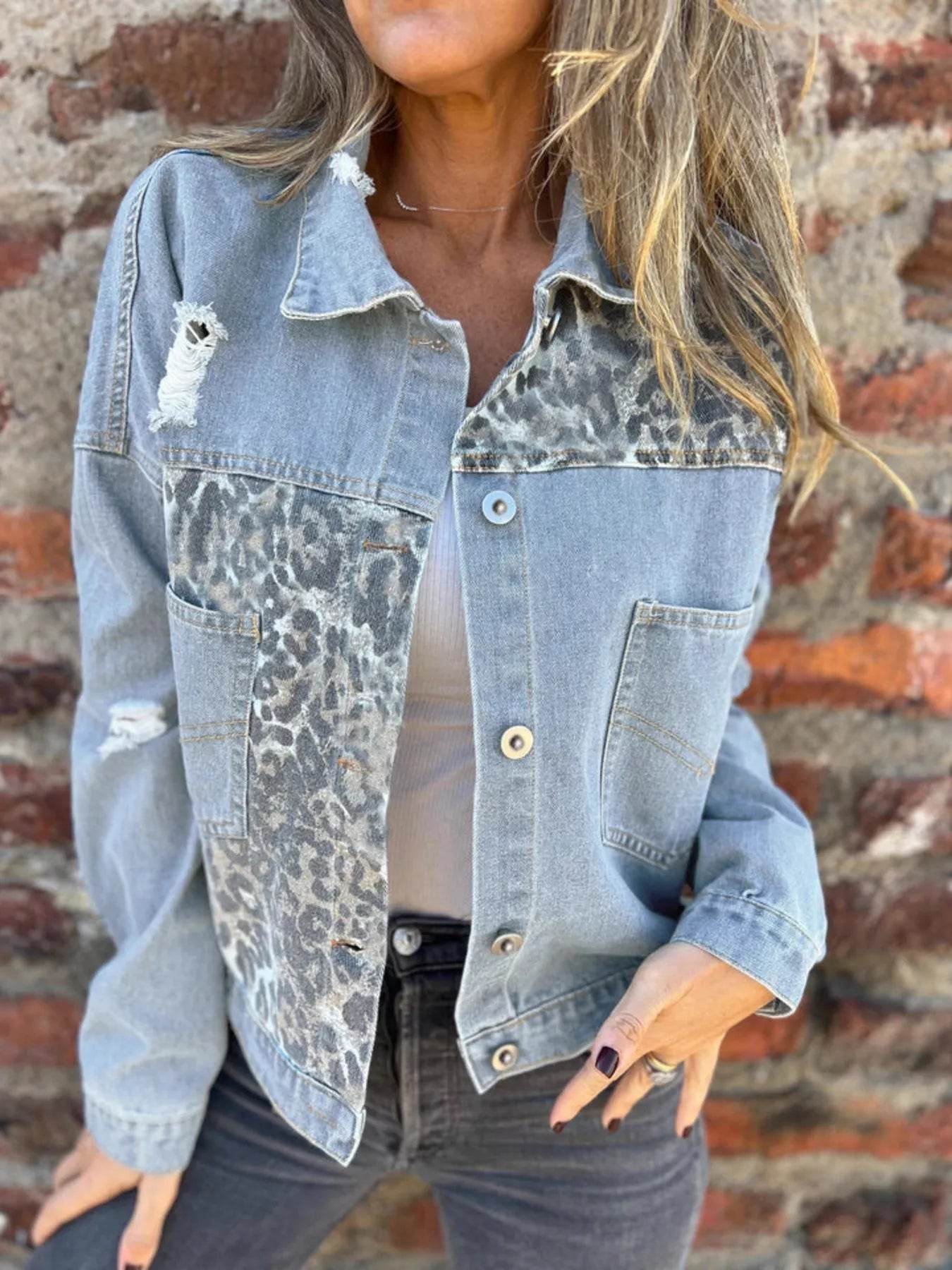 Full Size Leopard Button Up Denim Jacket Plus Size - Store 42