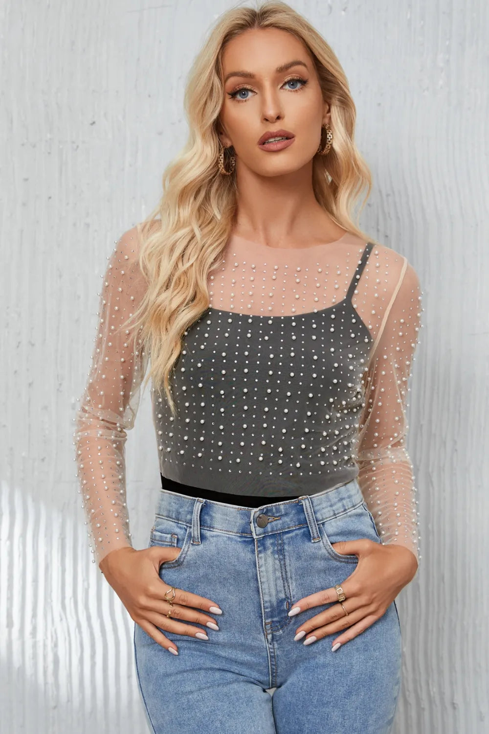 Trendsi Pearl Long Sleeve Mesh Cropped Top with Rhinestones - Semi-Sheer & Slightly Stretchy