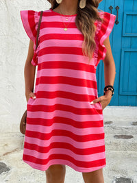 Striped Ruffle Sleeve Casual Summer Dress Red