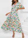 Floral Print V-neck Boho Midi Dress Gum Leaf