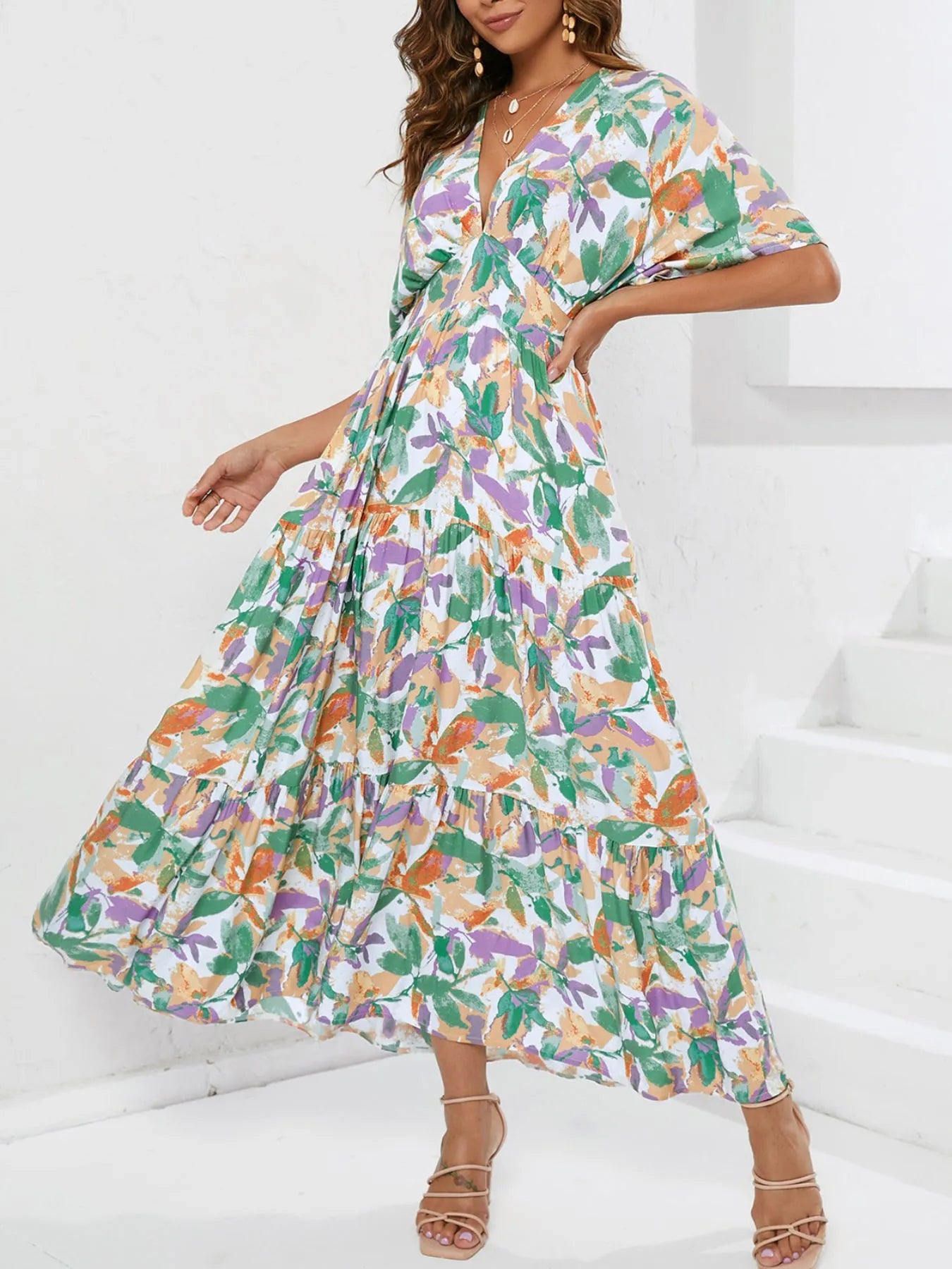 Chic Floral Print V-Neck Boho Midi Dress - 100% Cotton, Ruched, Smocked, Lined Style