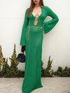 Slit Plunge Flare Sleeve Cover-Up Dress Dark Green