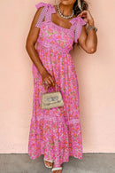 Floral Lace Wide Strap Square Neck Maxi Dress Fuchsia Pink