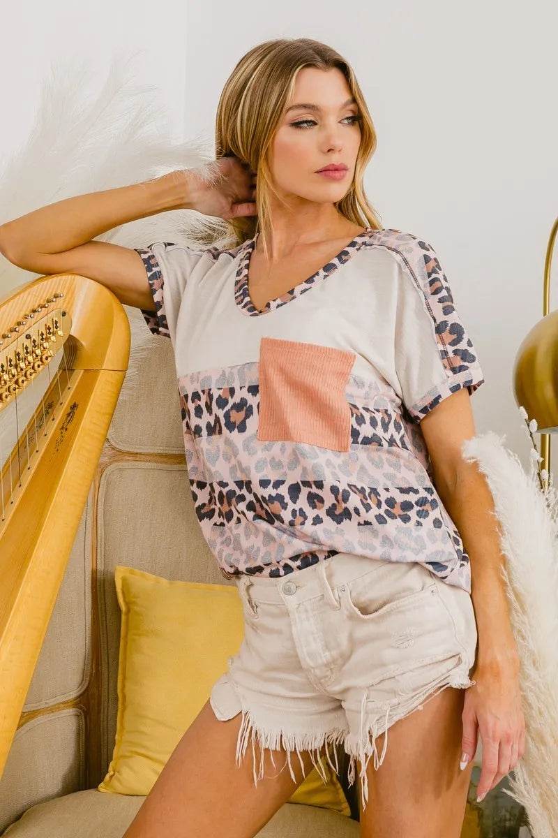 BiBi Leopard Stripe with Slub Terry Color Block T-Shirt