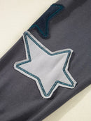 Star Patchwork Contrast Stitching Mineral Wash Kangaroo Pocket Hoodie