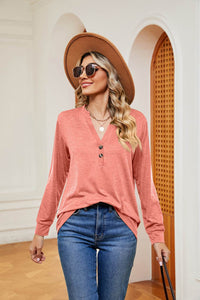 Trendsi Buttoned Notched Neck Long Sleeve Top - Slightly Stretchy Opaque Fabric - Store 42