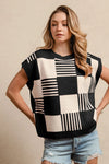BiBi Checker With Stripes Pattern Sleeveless Sweater BLACK IVORY