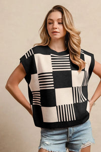 BiBi Checker With Stripes Pattern Sleeveless Sweater BLACK IVORY