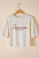 AMERICA EST 1776 Embroidered Pearl Beaded Sleeve T Shirt - Store 42