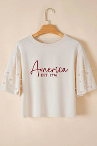 AMERICA EST 1776 Embroidered Pearl Beaded Sleeve T Shirt - Store 42