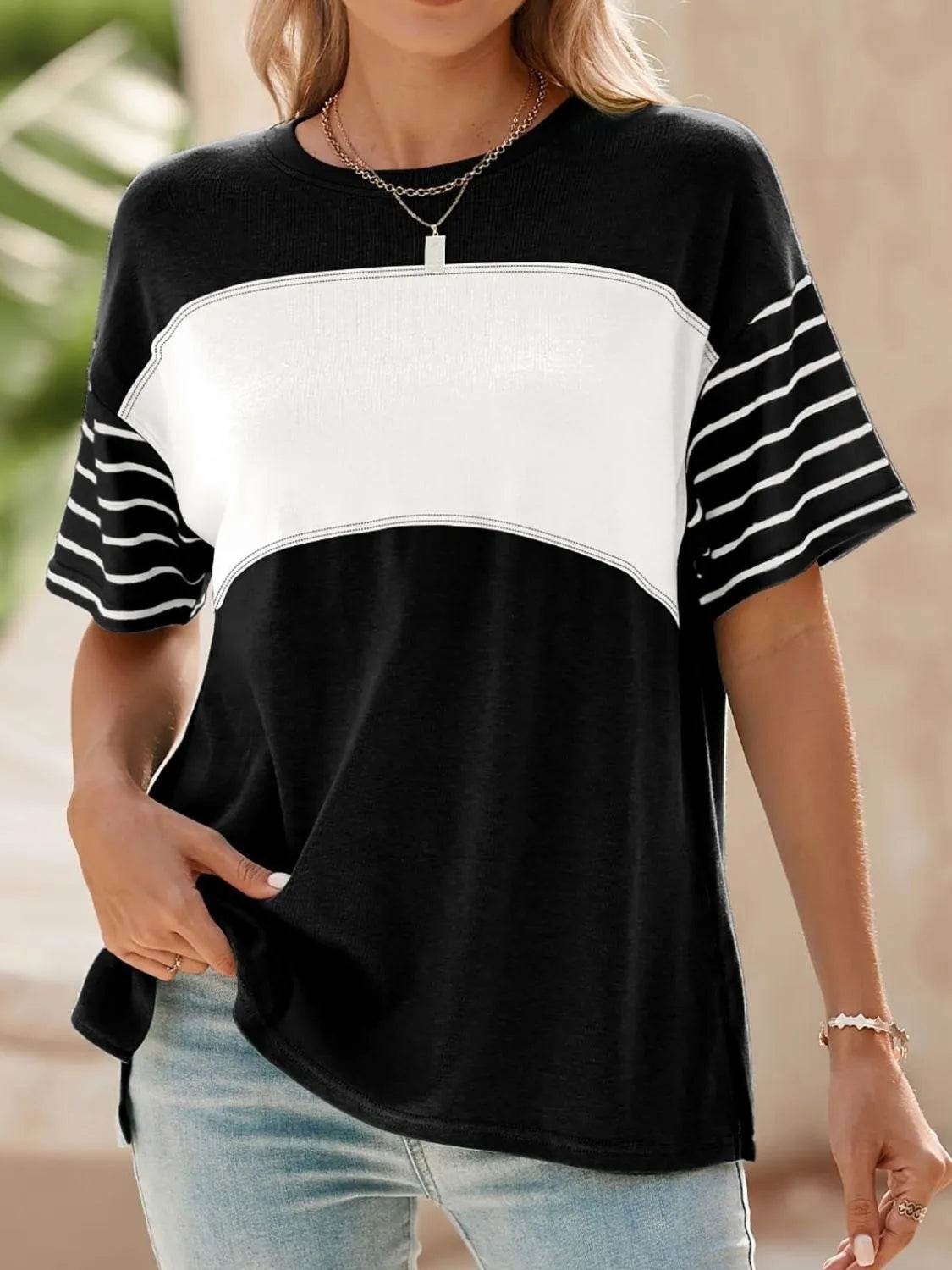 Stylish Color Block Striped Sleeve Casual T-Shirt for Everyday Comfort and Versatility - Store 42