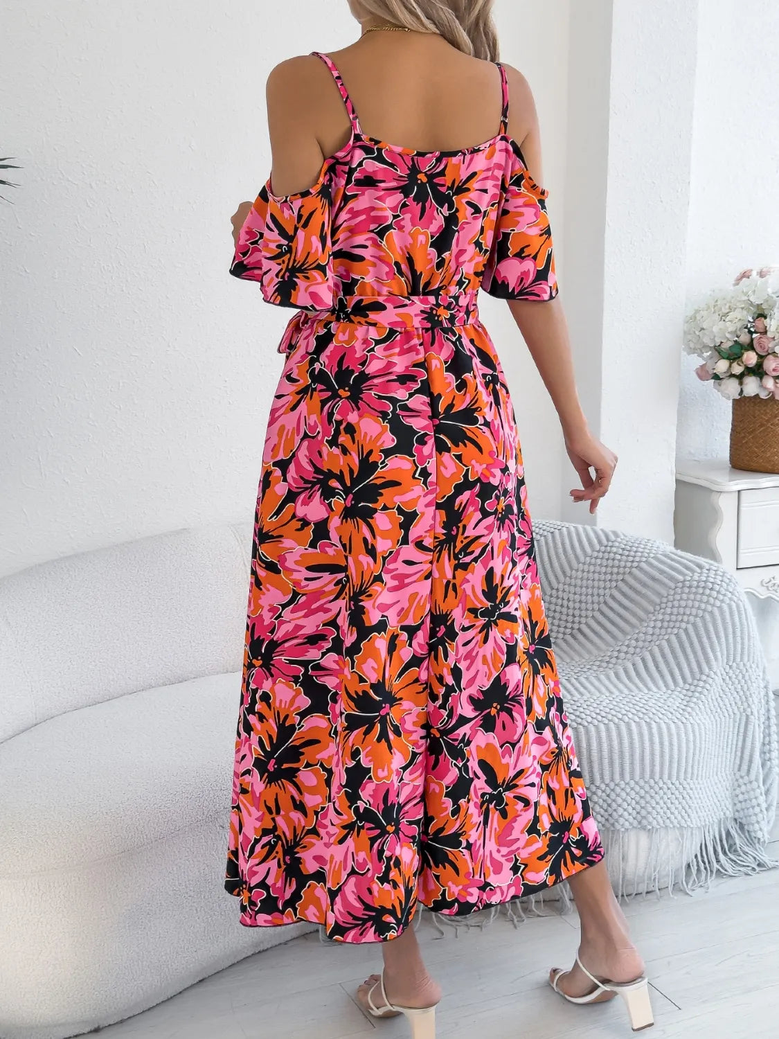 Trendy Printed Cold Shoulder Midi Cami Dress with Tied Slit - 100% Polyester