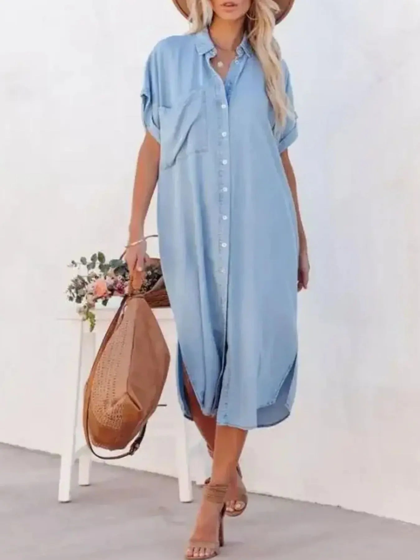 Button Down Denim Midi Shirt Dress