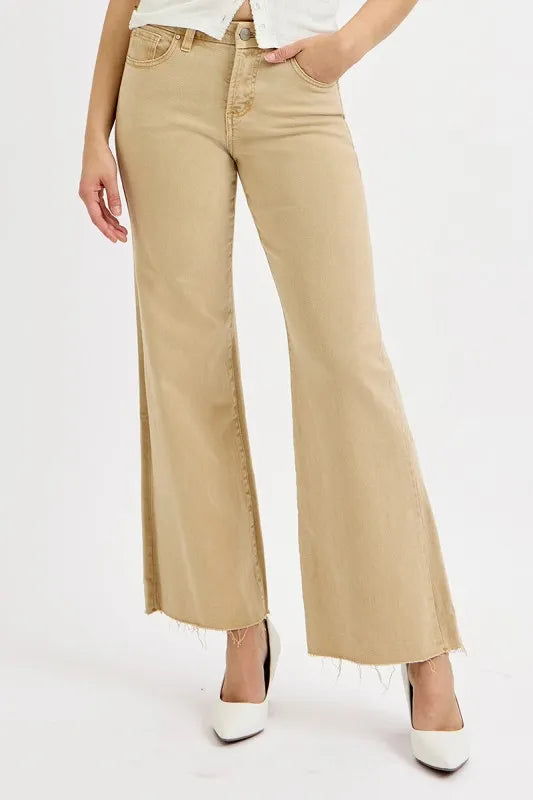Plus Size Risen Wide Leg Jeans With Raw Hem In Khaki Beige - Premium Stretch Denim