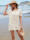 Openwork Round Neck Short Sleeve Cover-UP Cream