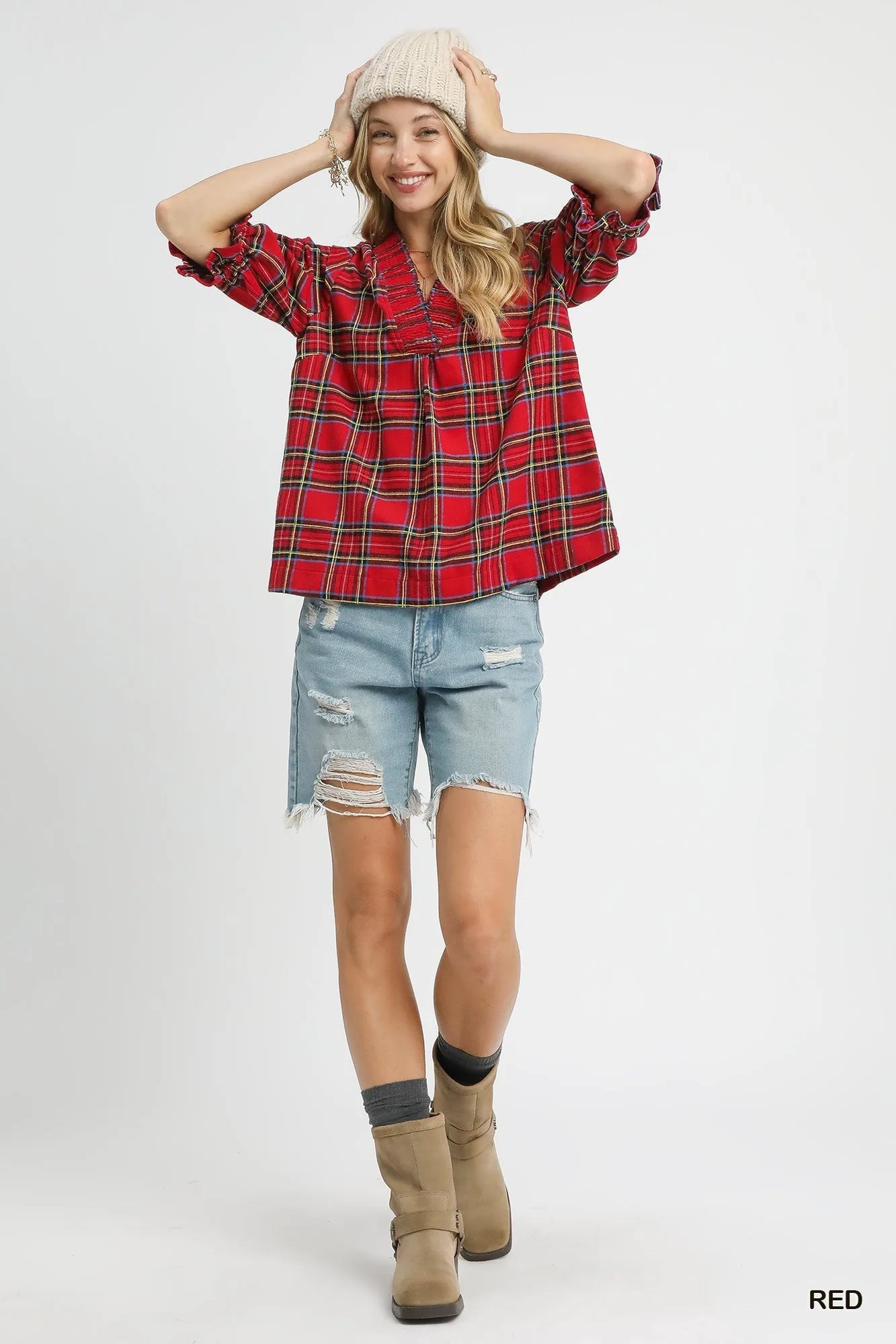 Umgee Women's Plaid Smocked V-Neck Flannel Top - Cozy Cotton-Blend for Fall Layering