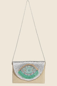 Fame Boho Beaded Eye Pattern Envelope Bag Silver One Size