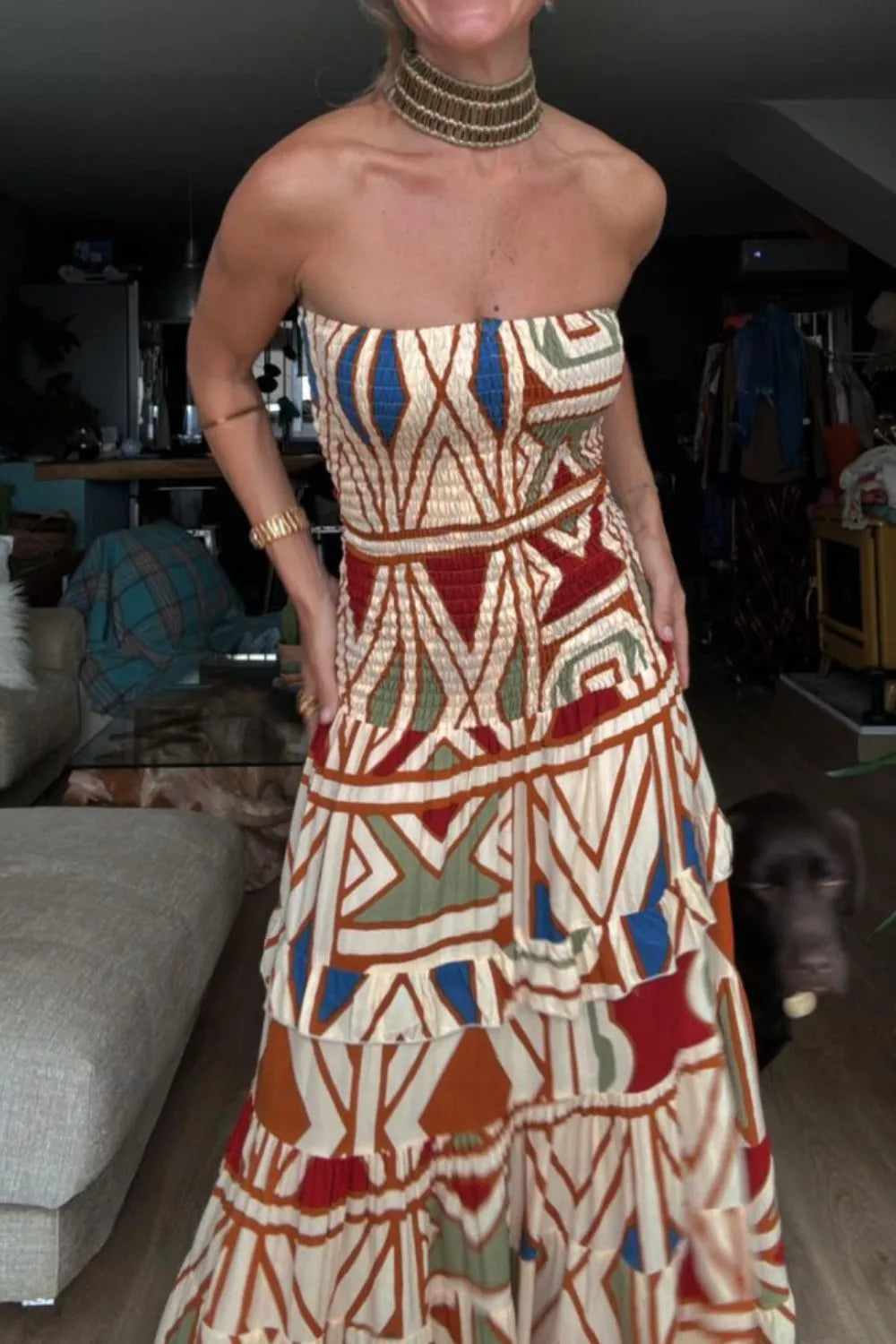 Trendy Smocked Printed Tube Dress with Ruched Detail | 100% Polyester, Slightly Stretchy