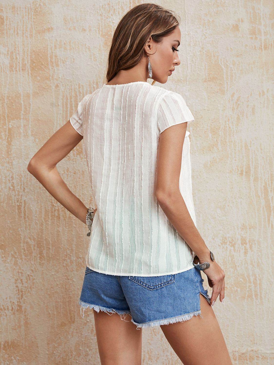 Honey Babydoll Blouse with Tie Neck and Ruffled Short Sleeves - Casual Chic Style