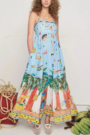 Printed Square Neck Maxi Cami Dress with Pockets Light Blue