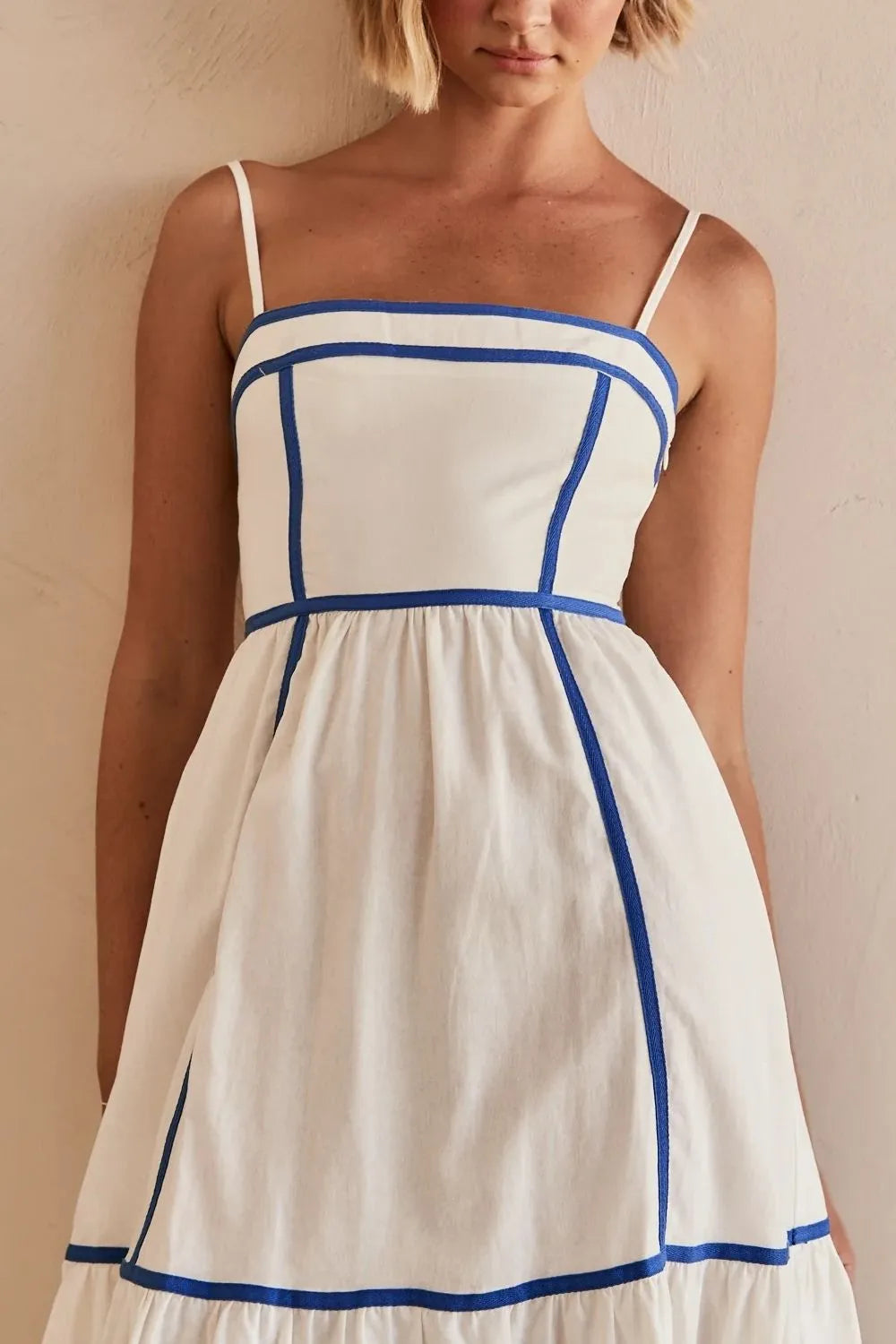 Square Neck Midi Cami Dress with Contrast Trim and Ruched Details - 100% Polyester