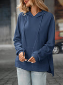 Slightly Stretchy Textured Drawstring Long Sleeve Hoodie with Pocket - Trendy Casual Wear - Store 42