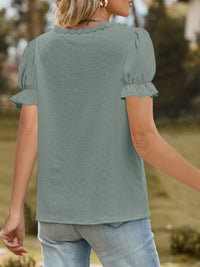 Lace Trim V-Neck Puff Sleeve Blouse