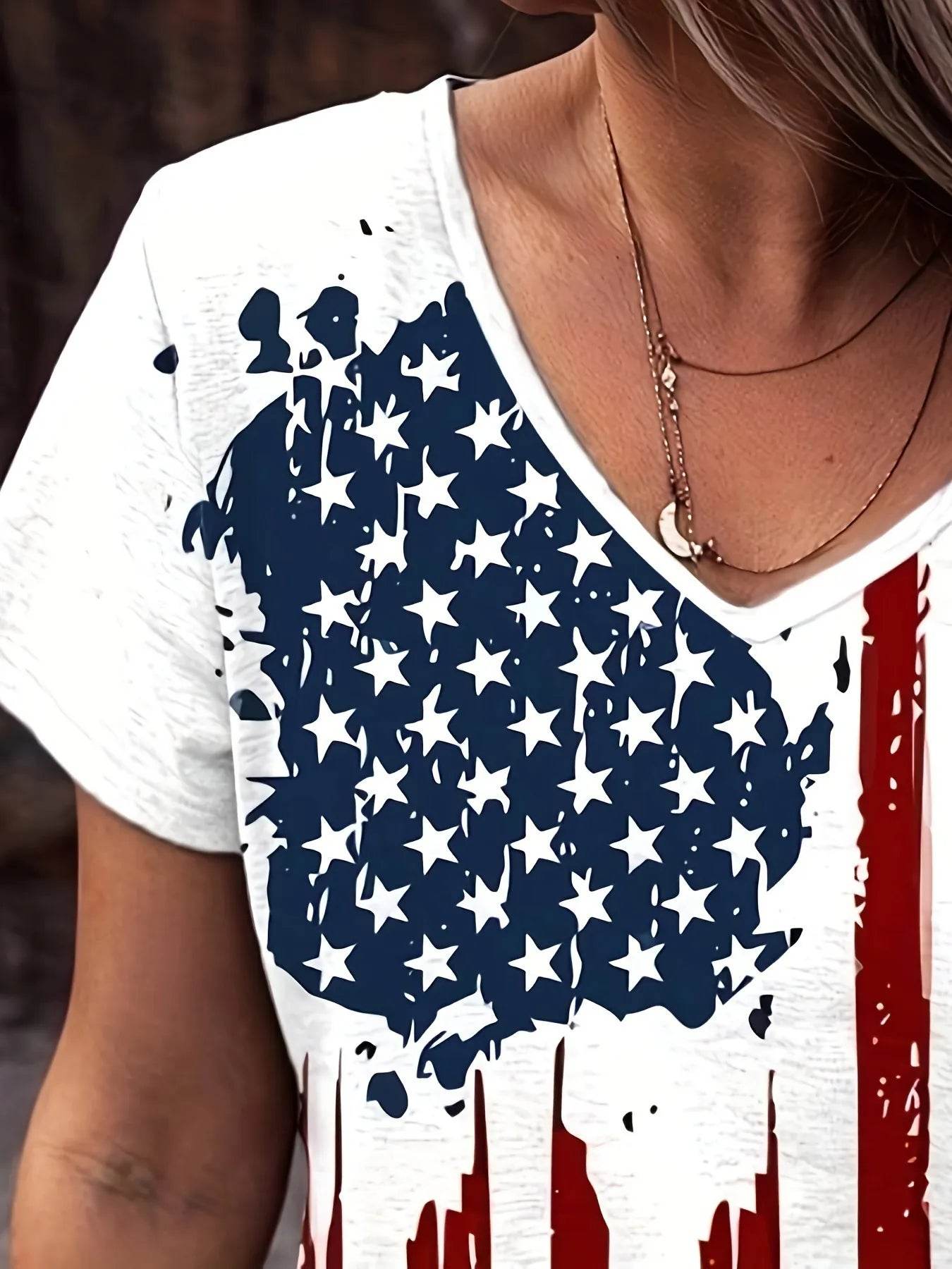 American Flag V-Neck Short Sleeve T-Shirt - 95% Polyester, 5% Spandex, Imported Style - Store 42