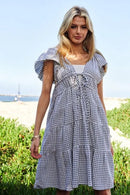 Davi & Dani Jacquard V-Neck Flutter Cap Sleeve Tiered Dress Black Ivory