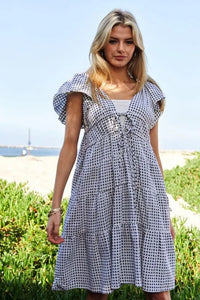 Davi & Dani Jacquard V-Neck Flutter Cap Sleeve Tiered Dress Black Ivory