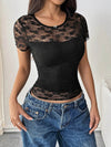 Trendy Lace Round Neck Short Sleeve Top - Highly Stretchy Polyester Blend - Store 42