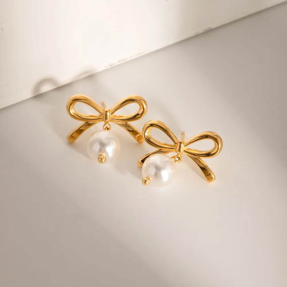 Elegant 18K Gold-Plated Stainless Steel Bow Pearl Earrings - Unique Style for Every Occasion