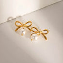 Elegant 18K Gold-Plated Stainless Steel Bow Pearl Earrings - Unique Style for Every Occasion - Store 42