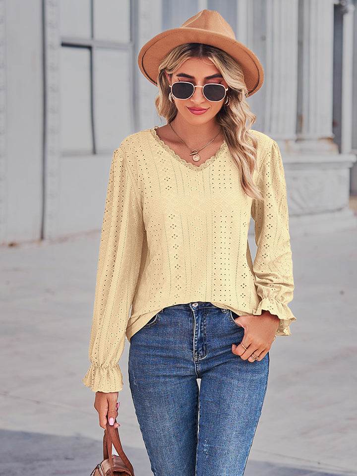 Elegant Eyelet V-Neck Blouse with Flounce Sleeves - Slightly Stretchy Cotton Blend - Store 42