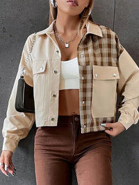 Snap Down Color Block Plaid Jacket