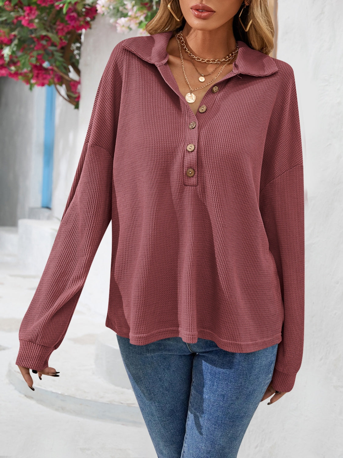 Trendsi Women's Half Button Long Sleeve Collared Top – Opaque, Non-Stretch, Classic Style