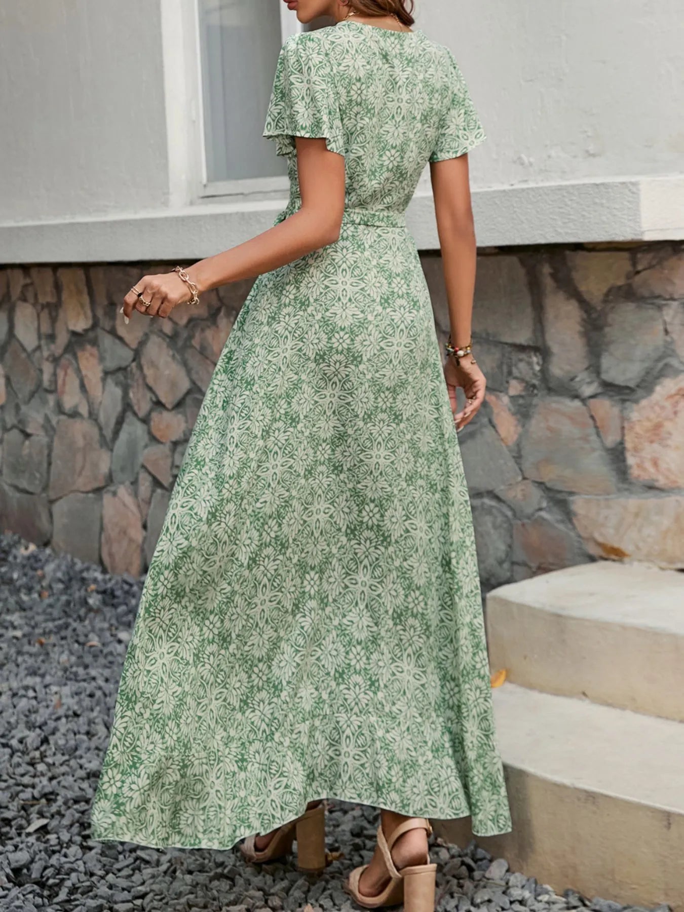 Printed Surplice Maxi Dress with Flutter Sleeves