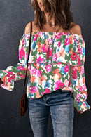 Floral Off-Shoulder Layered Blouse with Flounce Sleeves - Casual 100% Polyester Top - Store 42