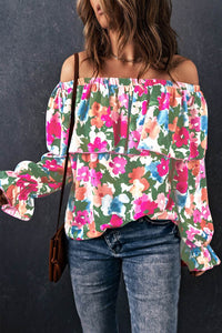 Floral Off-Shoulder Layered Blouse with Flounce Sleeves - Casual 100% Polyester Top - Store 42