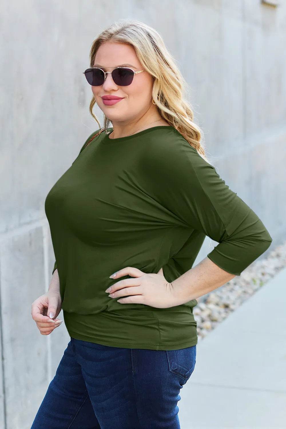 Basic Bae Full Size Round Neck Batwing Sleeve Top - Soft Stretch Rayon Blend, Opaque Design - Store 42