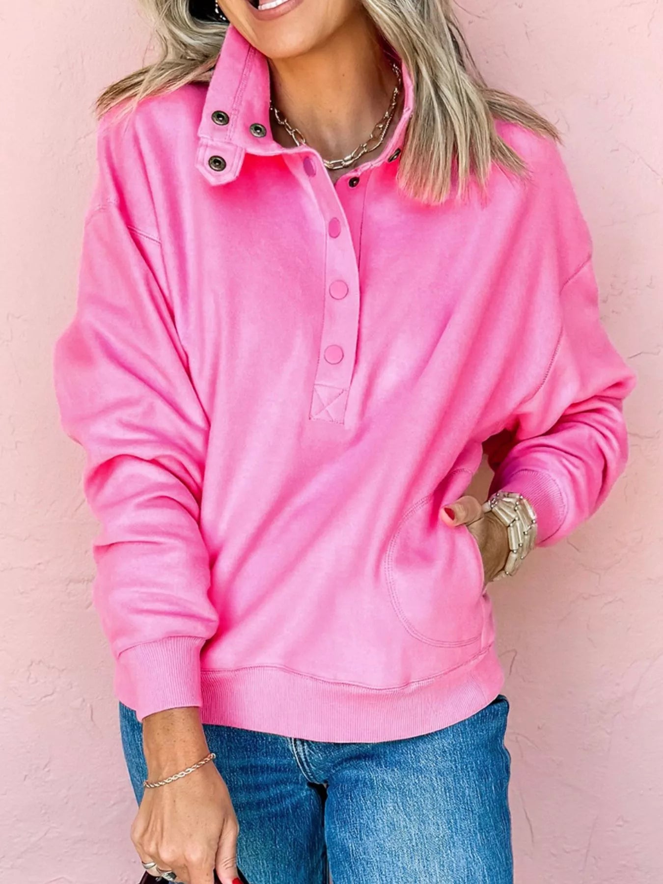 Buttoned Snap Front Long Sleeve Sweatshirt - Soft Stretchy Blend of 50% Polyester 50% Cotton