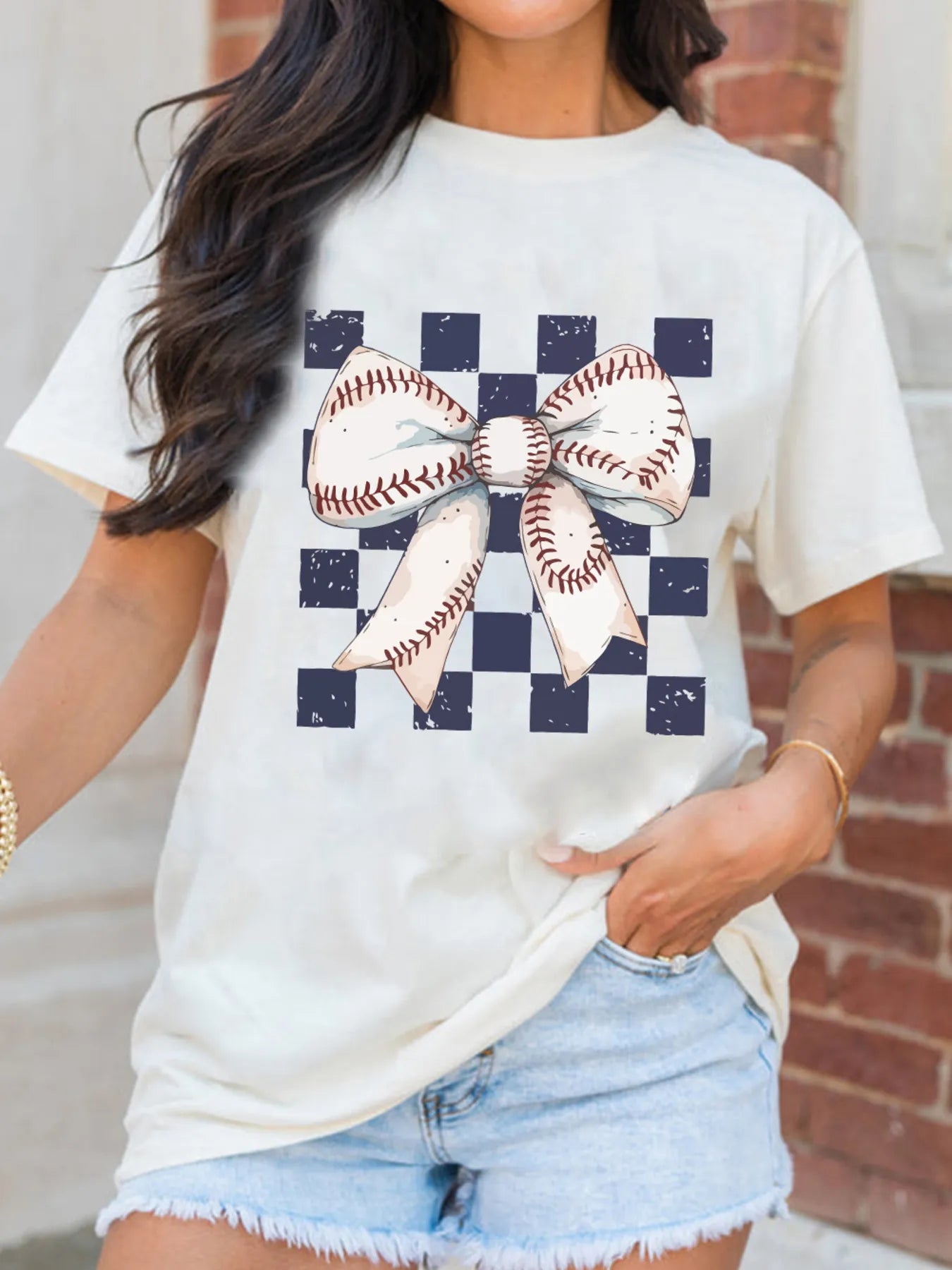 Checkered Bowknot Graphic Crew Neck T Shirt