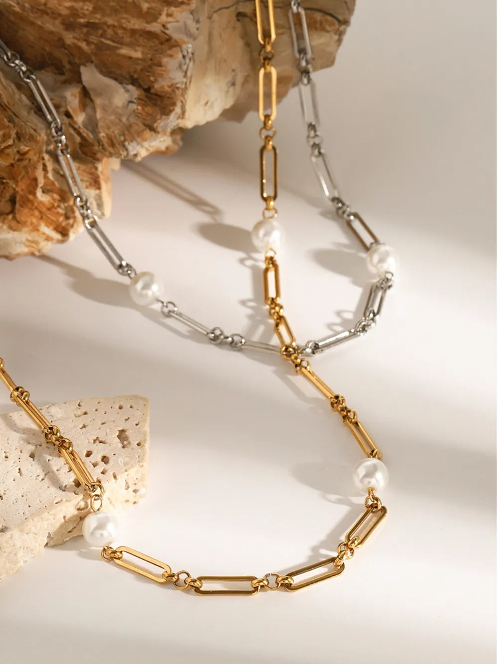 Elegant 26-Inch Stainless Steel Pearl Chain Necklace with 18K Gold-Plated Accents