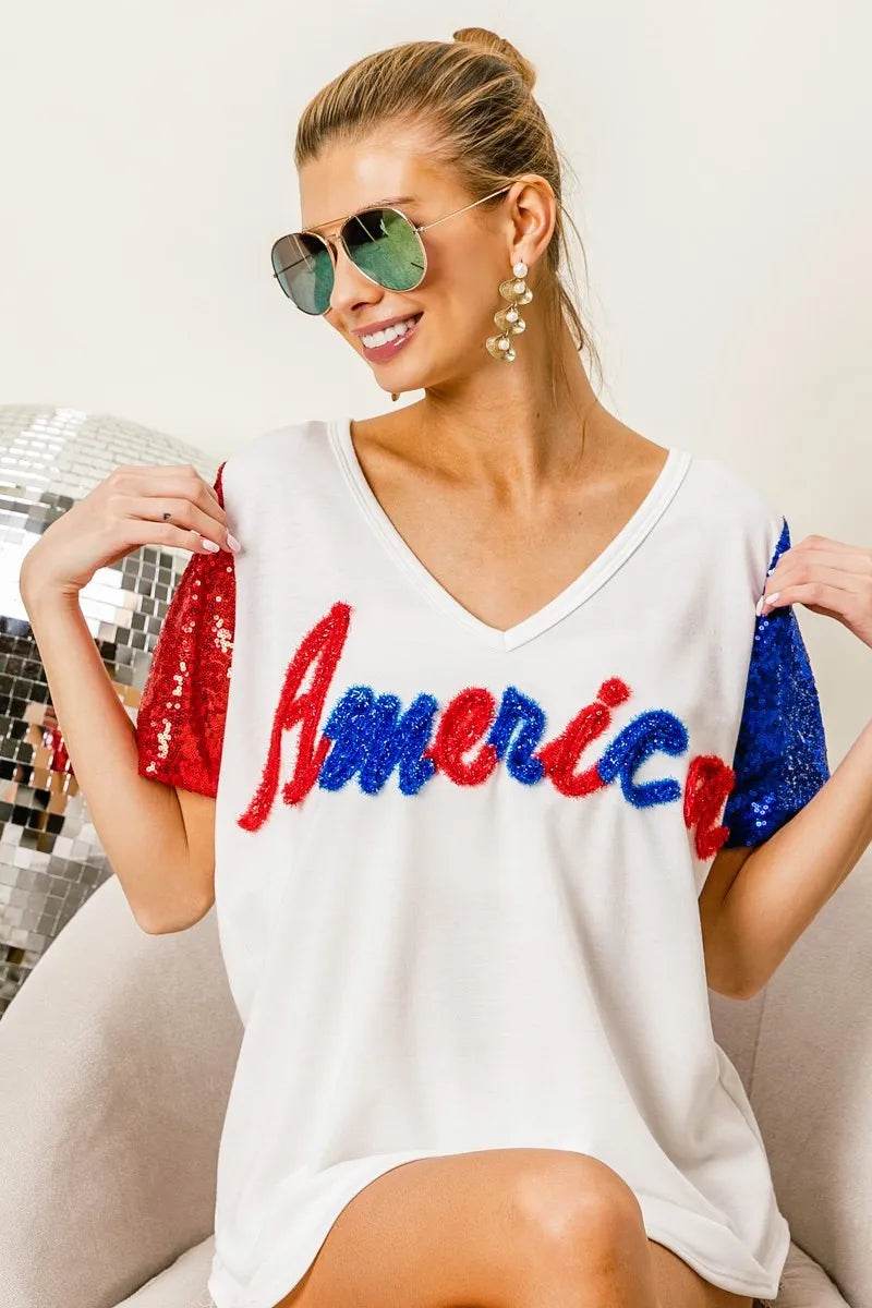 Chic Metallic Letter V-Neck Top with Sequin Sleeves for Glamorous Looks - Store 42