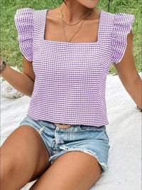 Ruffle Sleeve Gingham Square Neck Top
