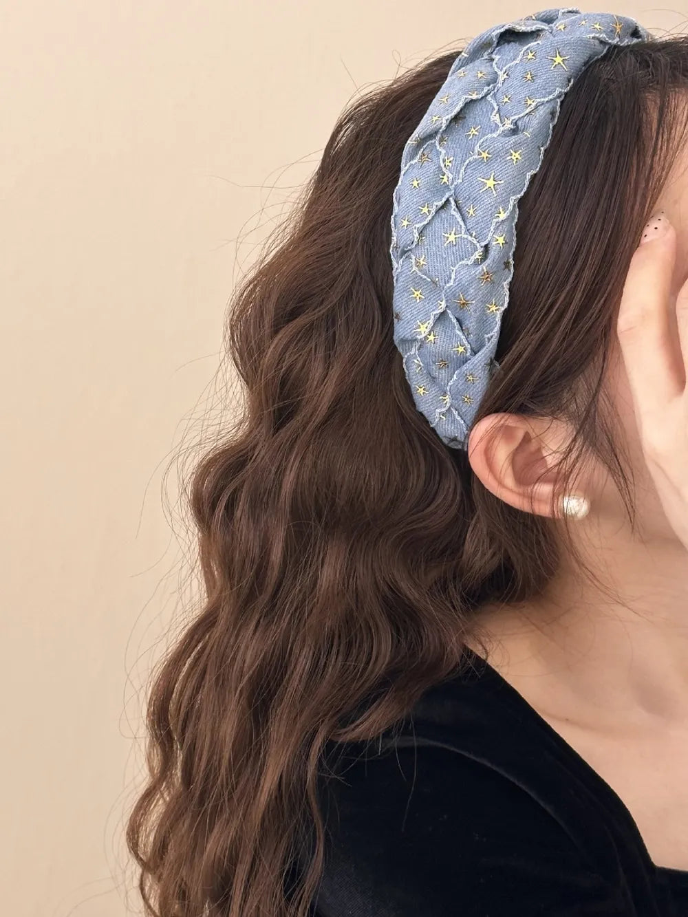 Stylish Star Braided Denim Headband - Wide Washed Fabric for Comfortable All-Day Wear