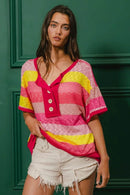 BiBi Multi Color Stripe Hacci Button Detail Ringer Top - Store 42