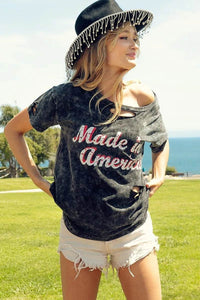 Trendy Laser Cut Mineral Washed Top with America Print - 100% Cotton Patriotic Style - Store 42